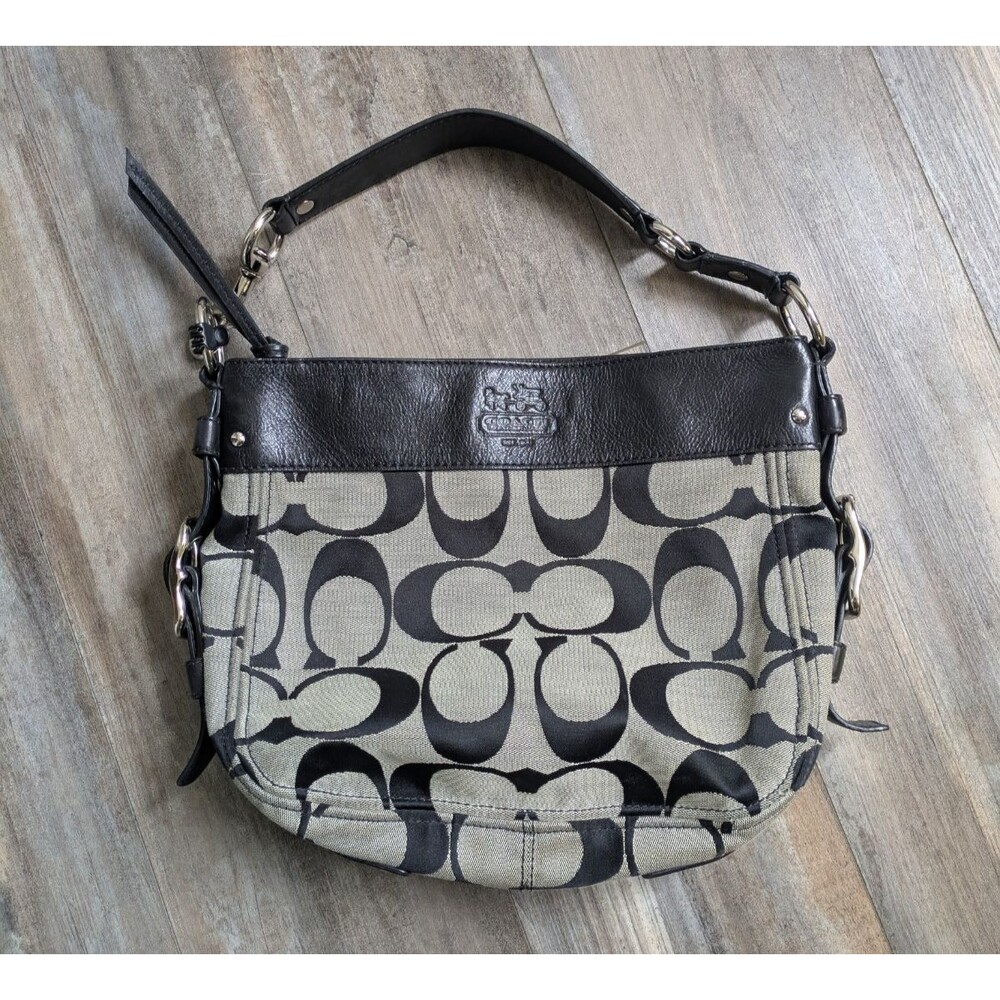 Vtg Coach Zoe F12657 Signature Gray Canvas/BlackLeather Hobo Shoulder Bag